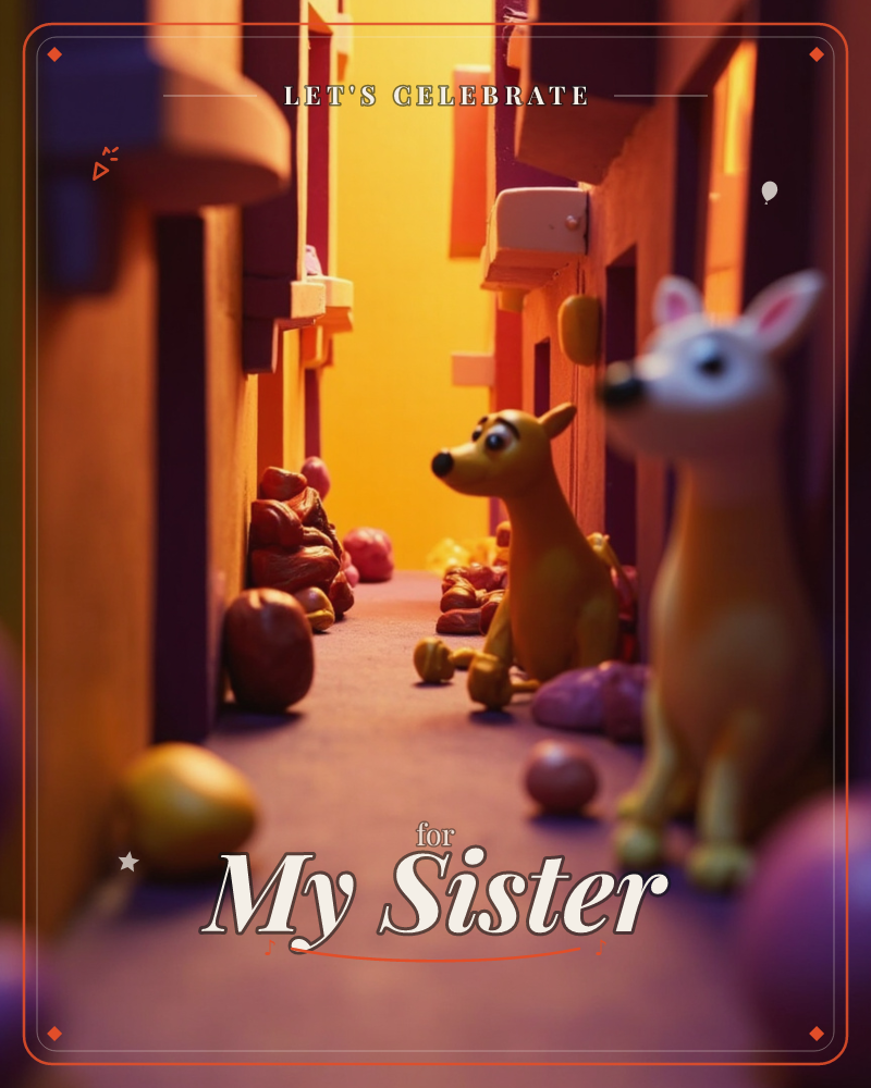 A toy-like kangaroo and a floppy-eared rabbit sit in a narrow, warmly lit alleyway between tall painted doors, surrounded by scattered egg-shaped…, a party e-card design
