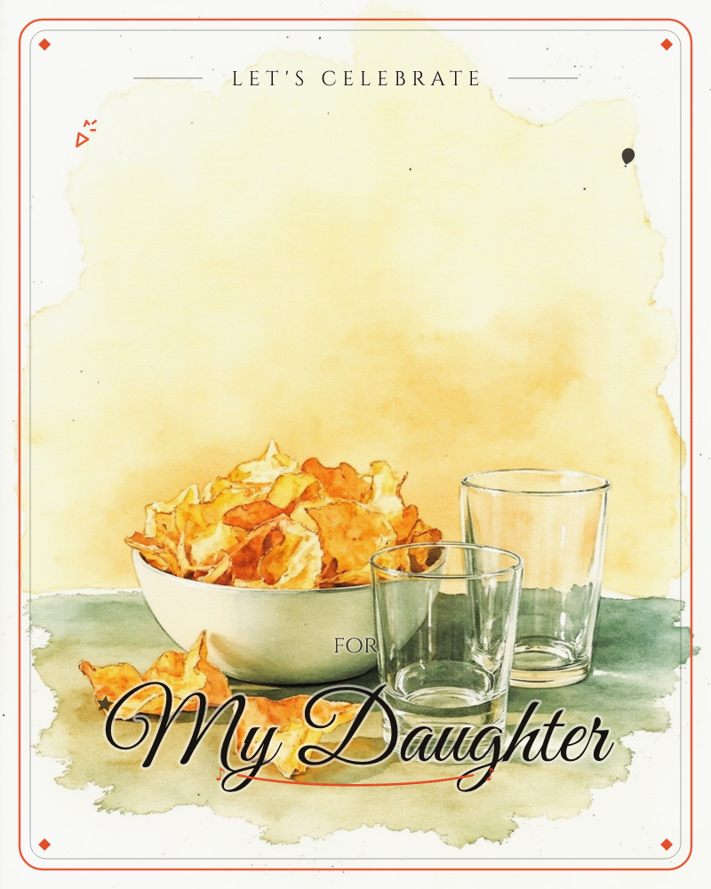 A white bowl heaped with golden potato chips sits on a sage-green tabletop beside two empty glass tumblers, a few loose chips scattered nearby, a party e-card design