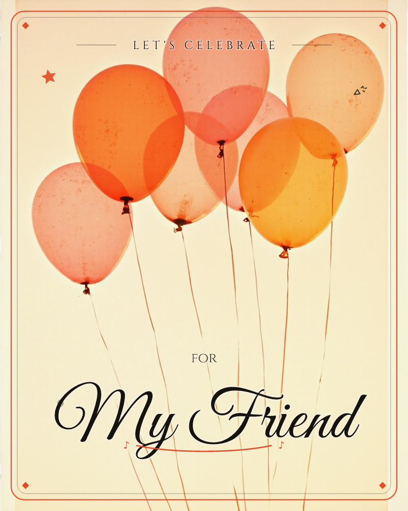 A cluster of translucent balloons drifts against a warm, glowing cream sky, their strings trailing down in loose curls, a party e-card design