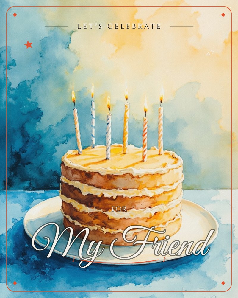A layered birthday cake with golden icing sits on a white plate, six lit striped candles flickering above it, a party e-card design