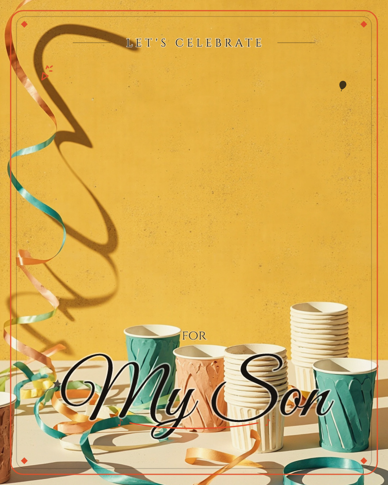 A sunlit mustard-yellow wall throws a long, curling shadow of a party streamer that spirals down onto a tabletop scattered with teal, terracotta, and…, a party e-card design