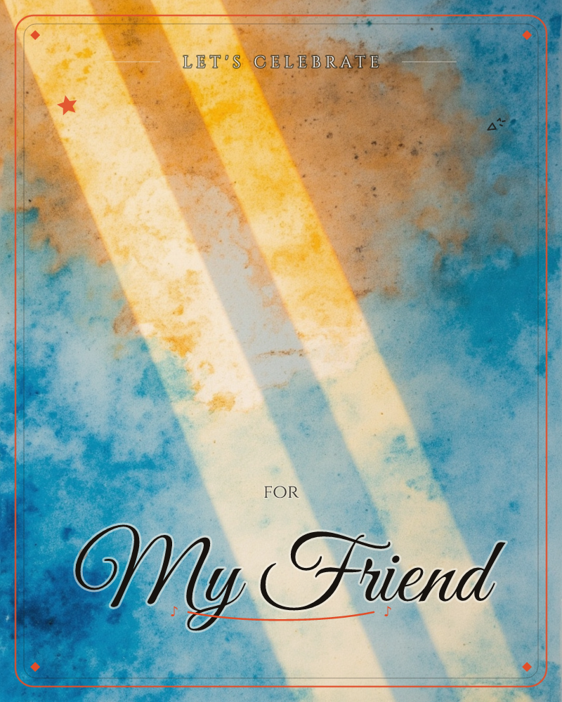 Two broad golden beams cut diagonally across a mottled blue sky, their edges softening into mist where the colours bleed into one another, a party e-card design