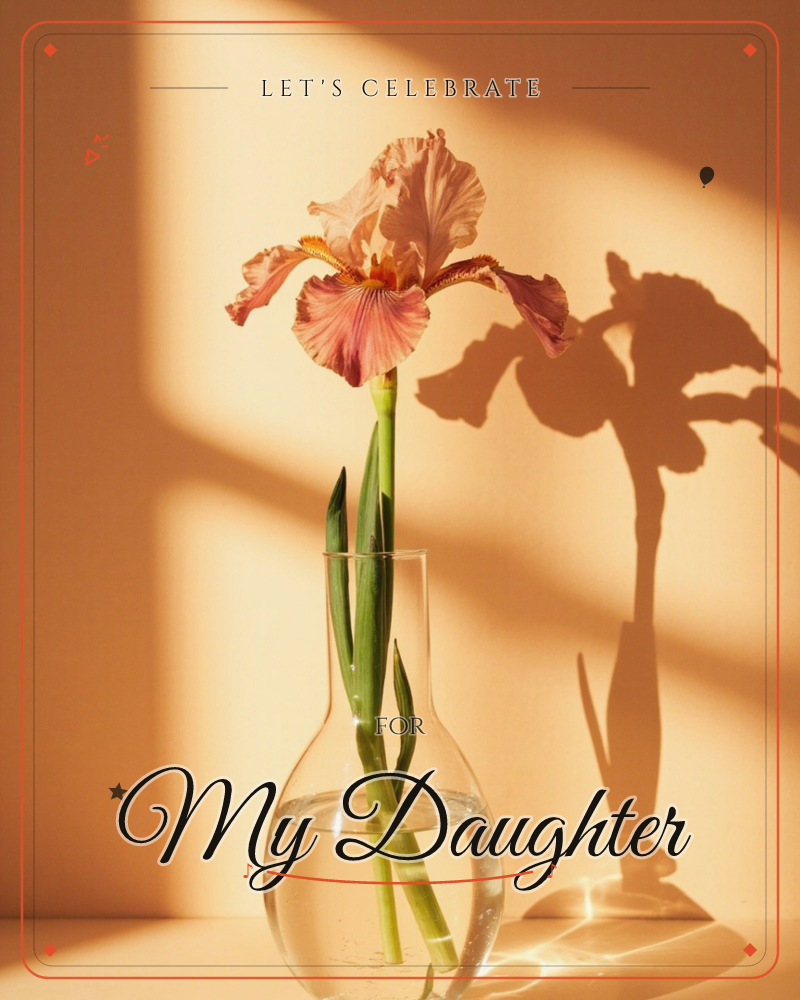 A single ruffled iris in soft peach and coral tones stands in a slender glass vase, its long shadow stretching dramatically across a warm, sunlit wall, a party e-card design