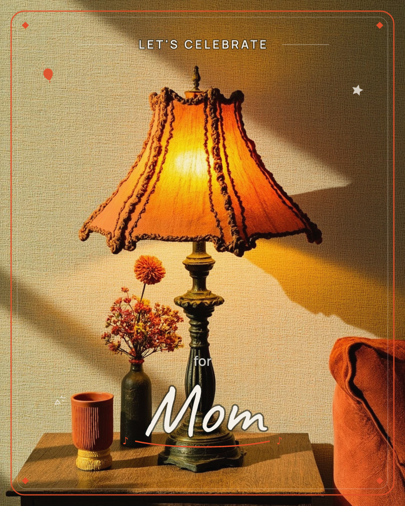 A vintage table lamp with a scalloped, fringed shade glows warmly against a textured wall, its light throwing long diagonal shadows across the room, a party e-card design