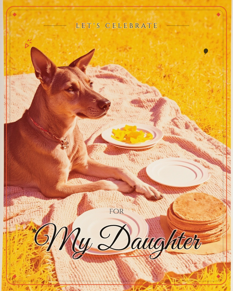 A slender brown dog reclines on a woven picnic blanket spread over golden sunlit grass, waiting patiently beside neatly stacked round crackers and a…, a party e-card design