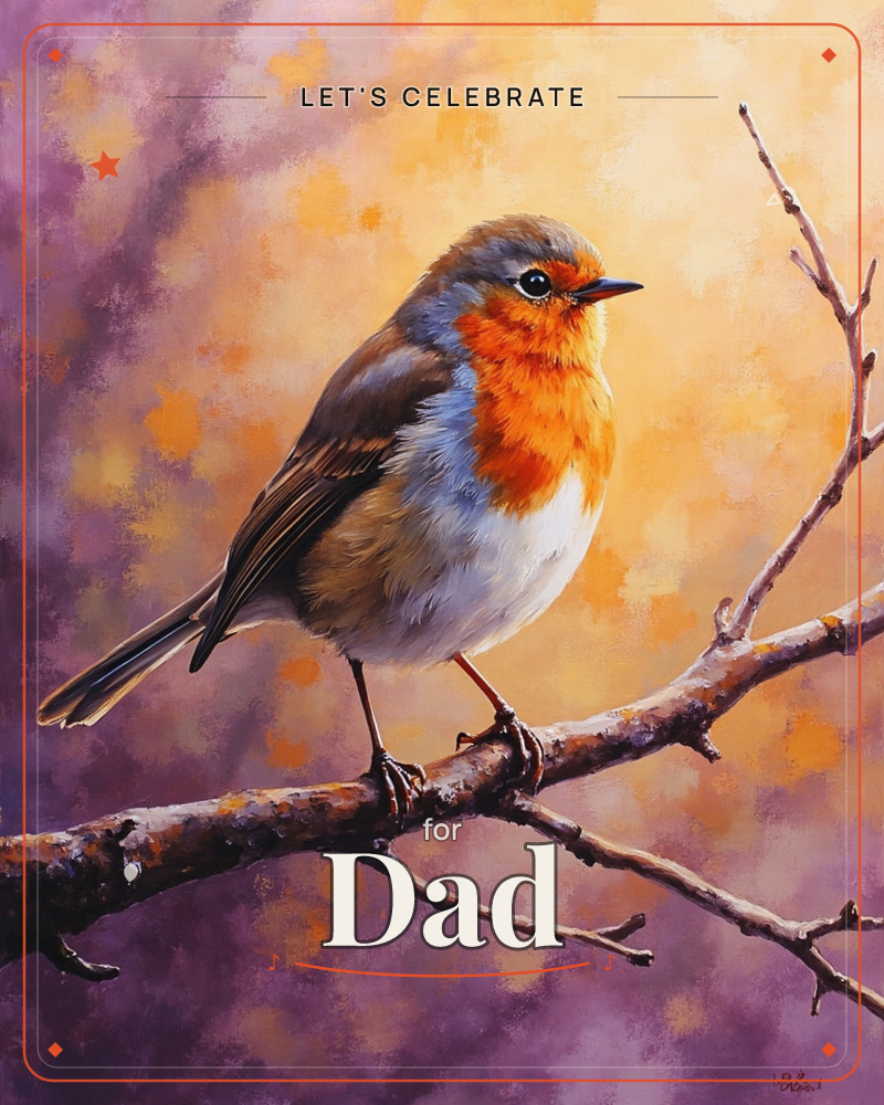 A robin with a bright orange breast perches on a bare, knotted branch, its head tilted alert against a warm glow of amber and dusky purple light, a party e-card design