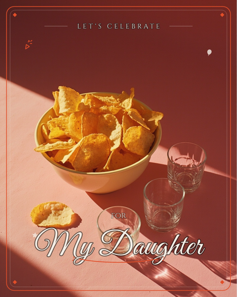 A yellow bowl piled high with crispy potato chips sits on a warm pink tabletop, sharp sunlight cutting a diagonal shadow across the scene, a party e-card design