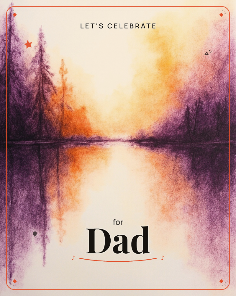 A misty lakeside at dawn or dusk, with tall pine silhouettes in smudged violet standing at the water's edge and mirrored perfectly in the still surface…, a party e-card design