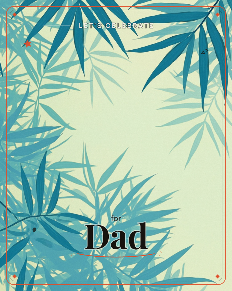 Layered bamboo leaves in shades of teal and blue frame a soft cream-lit centre, as if seen through morning mist, a party e-card design
