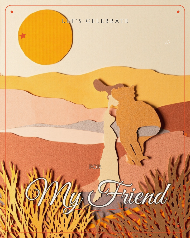 A layered paper-cut landscape shows a bear leaning down to nuzzle or lift a small figure against rolling desert hills and a big golden sun, a party e-card design