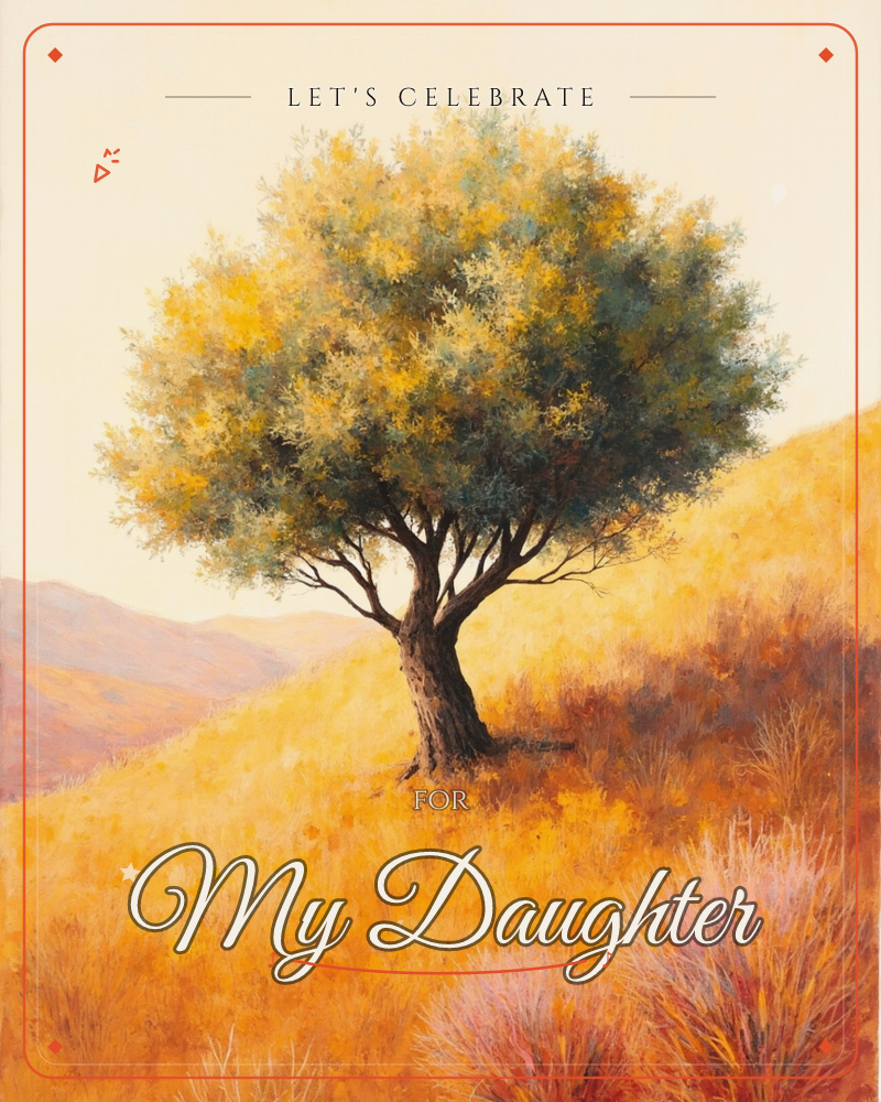 A single gnarled tree stands alone on a golden hillside, its canopy dappled with green and mustard-yellow leaves catching the light, a party e-card design