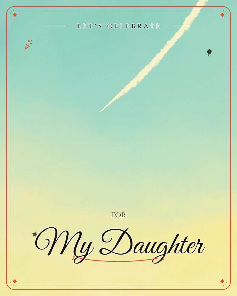A single vapour trail streaks diagonally across a pale turquoise sky, catching soft light as it fades near the horizon, a party e-card design
