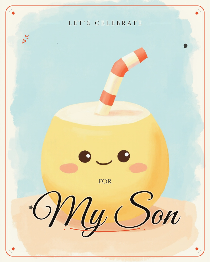 A round yellow drink with a happy, blushing face sits on a warm tan surface, a red-and-white striped straw poking out at a cheerful angle, a party e-card design