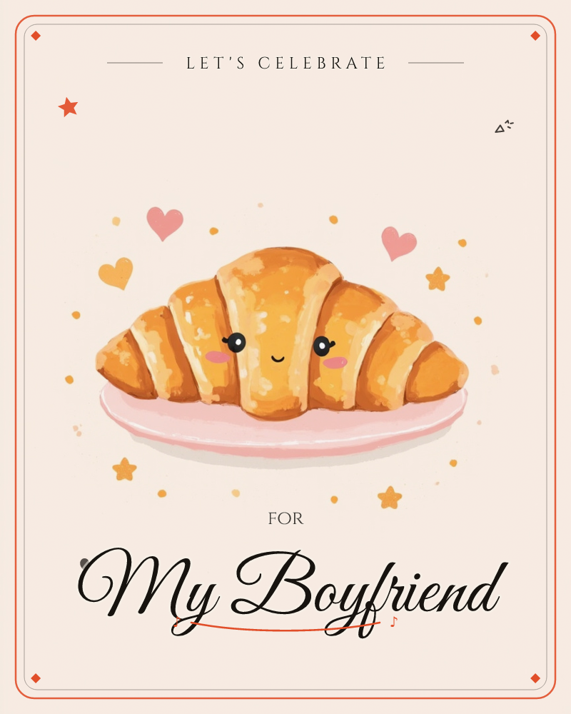 A golden croissant with a happy, blushing face sits on a pale pink plate against a soft peach background, a party e-card design
