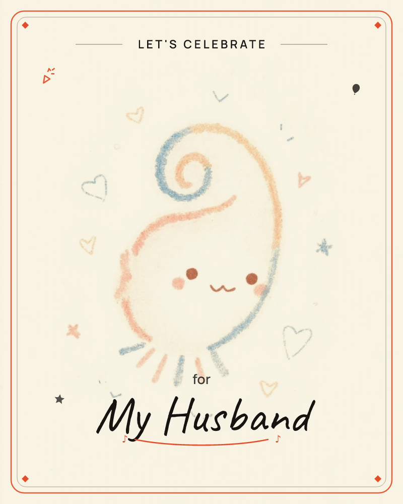 A small teardrop-shaped creature with a curled, snail-like blue and peach outline sits on a cream background, its blushing cheeks and content smile…, a party e-card design