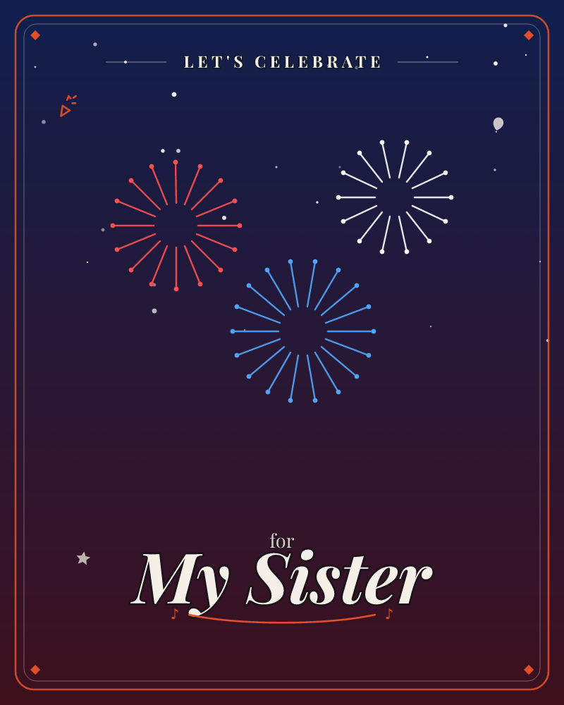Starburst fireworks bloom red, white, and blue against a hushed midnight sky, a party e-card design by @DittyCityTeam