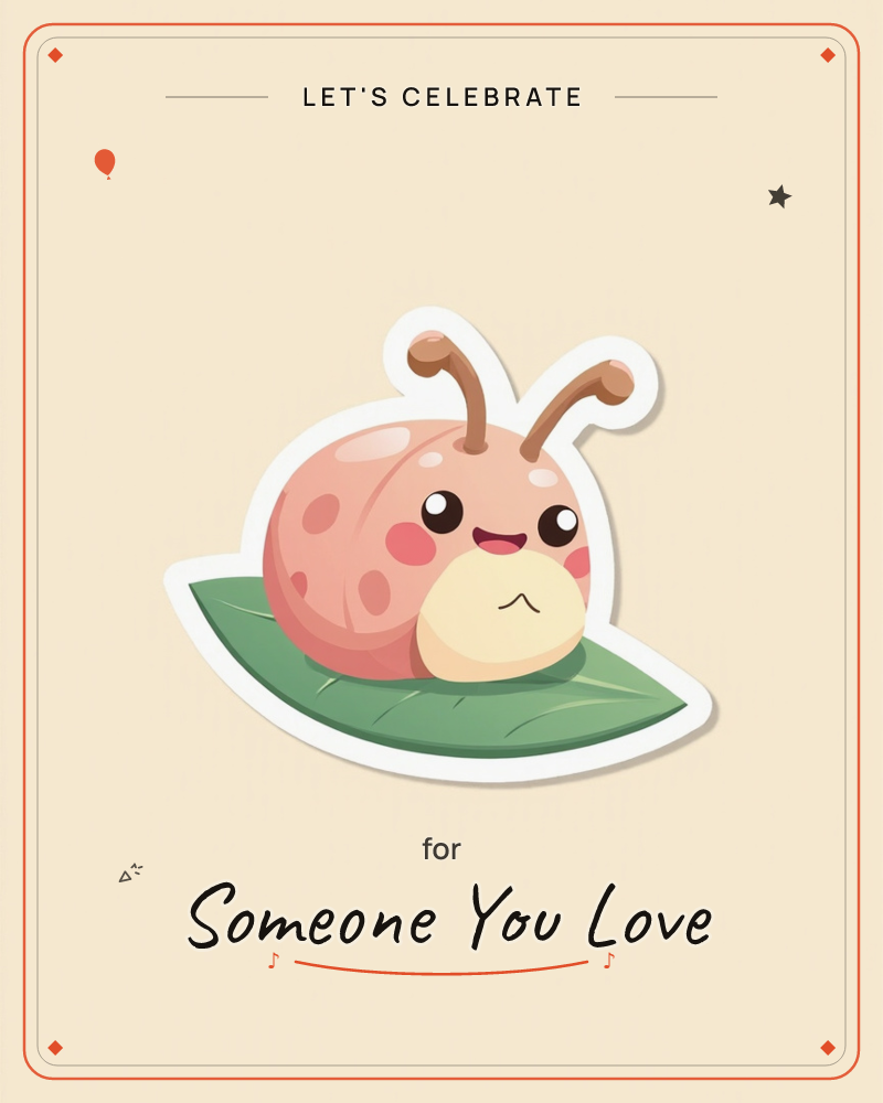 A round, pink-spotted ladybug with curled antennae and a happy, rosy-cheeked face perches on a single green leaf, rendered as a glossy sticker against…, a party e-card design