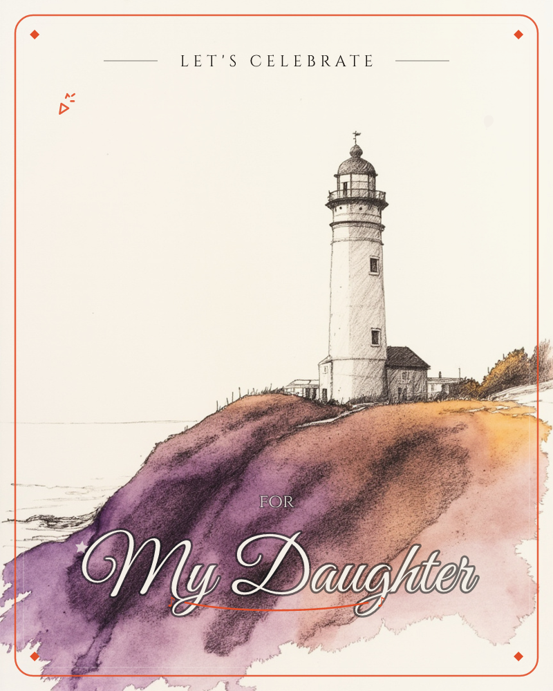 A pen-and-ink lighthouse stands atop a bluff rendered in bold watercolour washes of purple, rust, and gold, its keeper's cottage tucked beside it, a party e-card design
