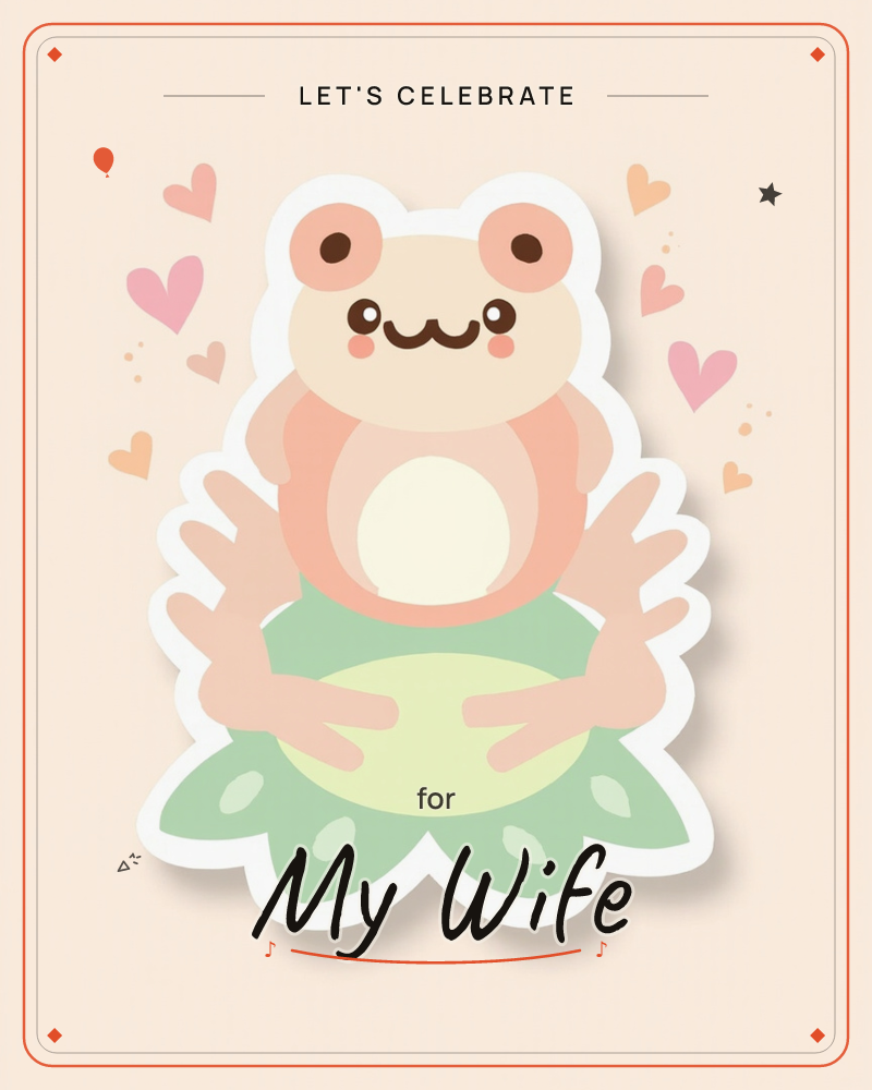 A sticker-style illustration shows a round, blushing frog with a happy smiling face, cradled gently by a pair of cupped hands atop a soft green lily pad, a party e-card design