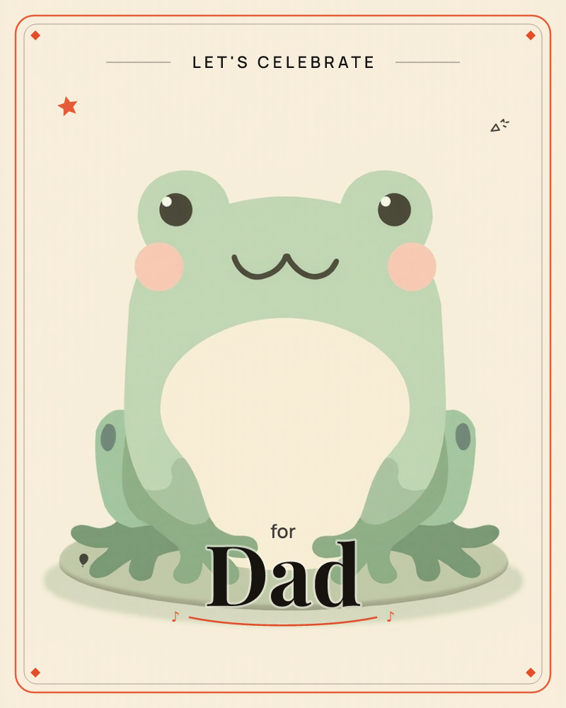 A round, sweet-faced frog sits front and centre on a pale lily pad, its cream belly glowing against soft green skin, a party e-card design