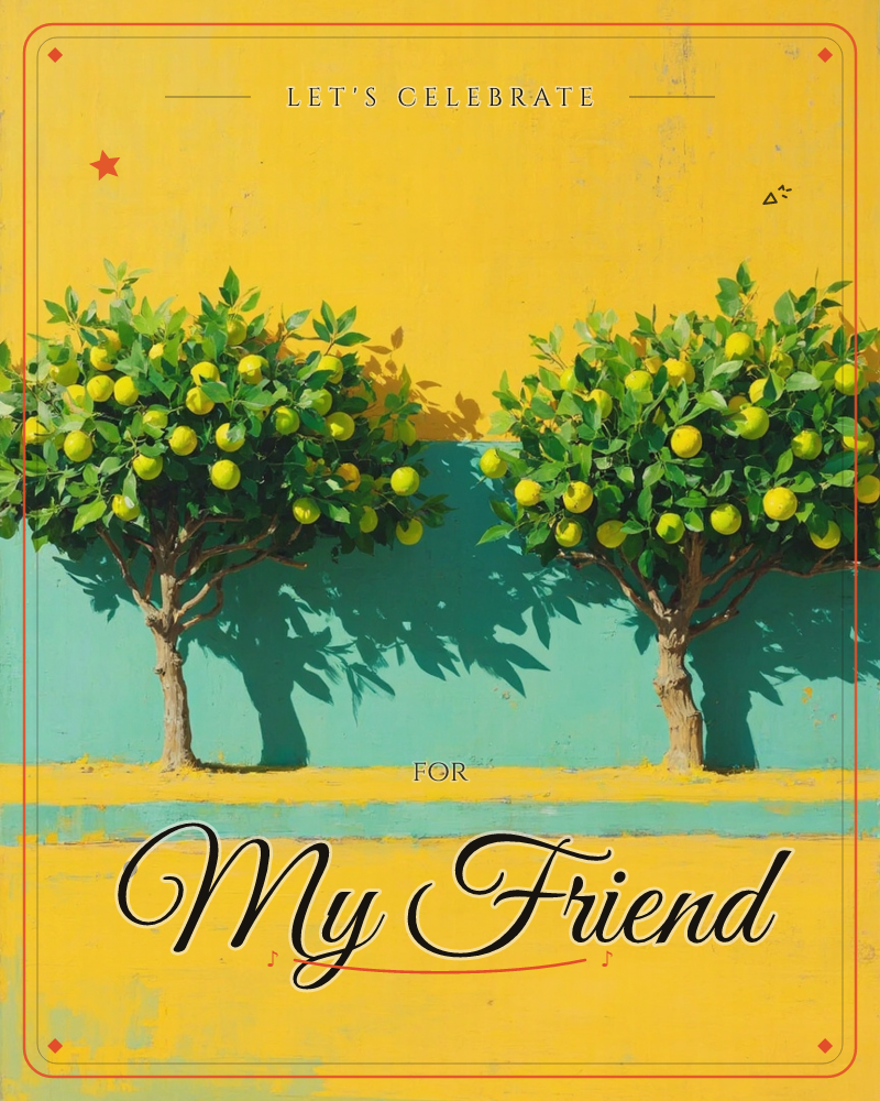 Two lemon trees stand against a sun-bleached yellow wall with a band of weathered teal paint behind them, their round fruit and leafy canopies casting…, a party e-card design