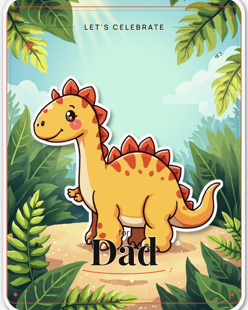 A cheerful yellow-orange dinosaur with a row of red spikes down its back stands smiling on a sandy path, surrounded by bright green jungle leaves and…, a party e-card design