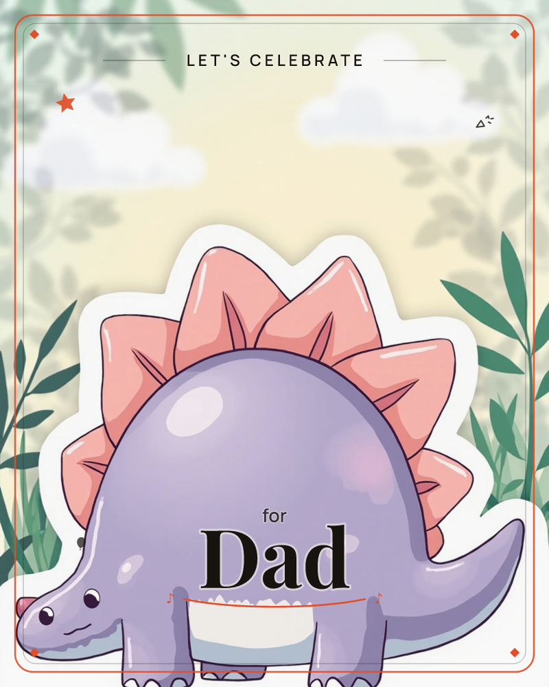 A round, friendly purple stegosaurus with pink plated spikes stands front and center on a sticker-style cutout, set against a soft dreamy background of…, a party e-card design