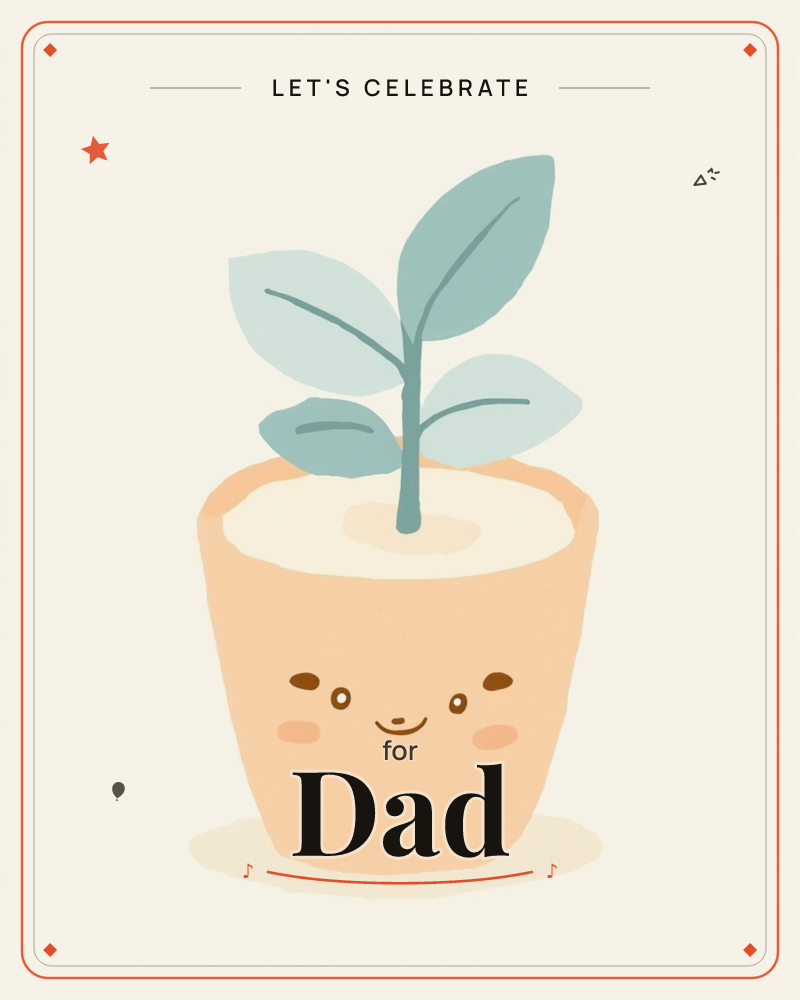 A single terracotta-peach plant pot sits centre stage on a soft cream background, with a tiny smiling face painted on its front, a party e-card design