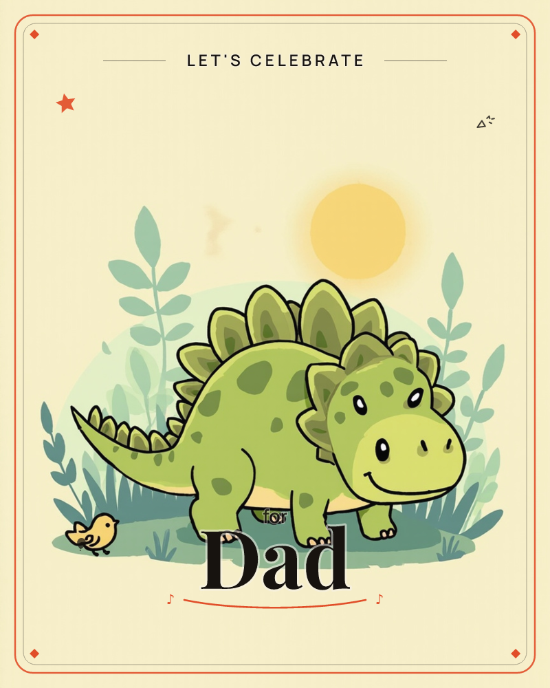 A round, friendly stegosaurus with soft green spots and leafy back-plates stands in a patch of tall grass under a glowing yellow sun, a tiny yellow…, a party e-card design
