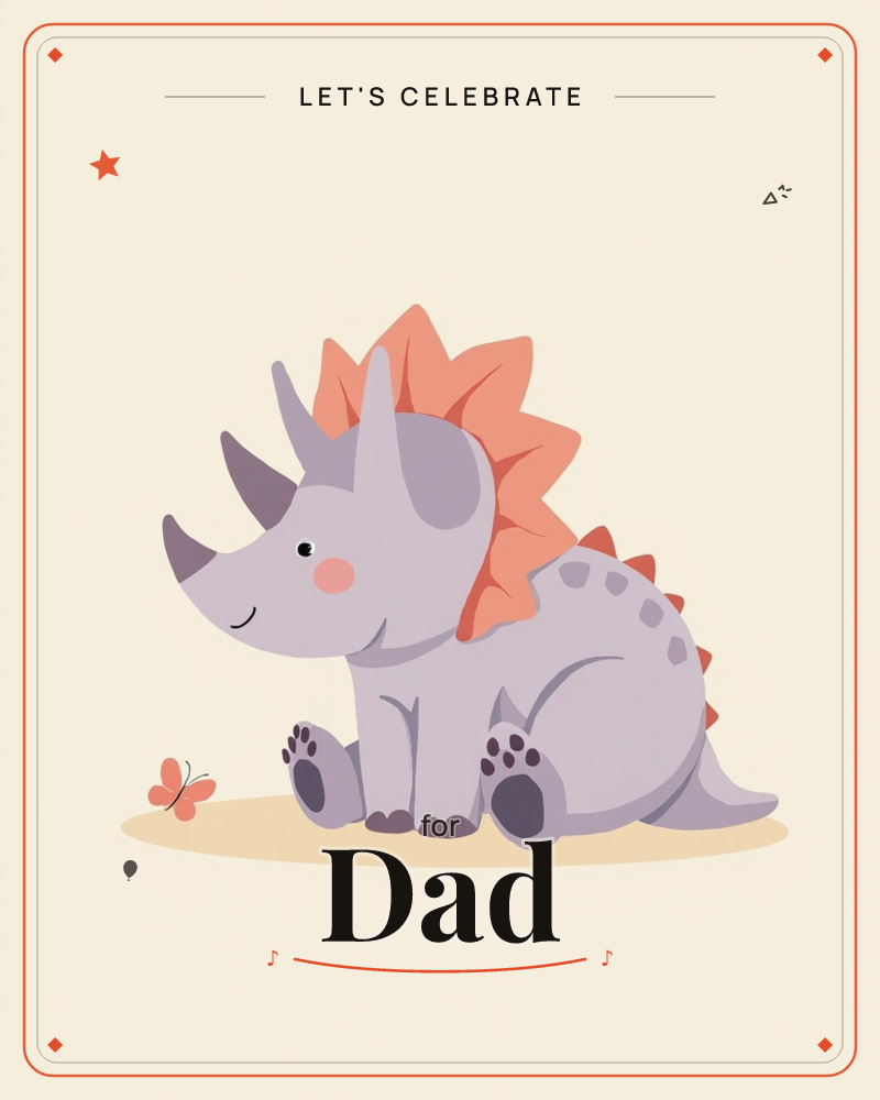 A round, smiling baby triceratops sits on a soft sandy patch against a plain cream background, its frill fanned out in coral spikes and its stubby paws…, a party e-card design
