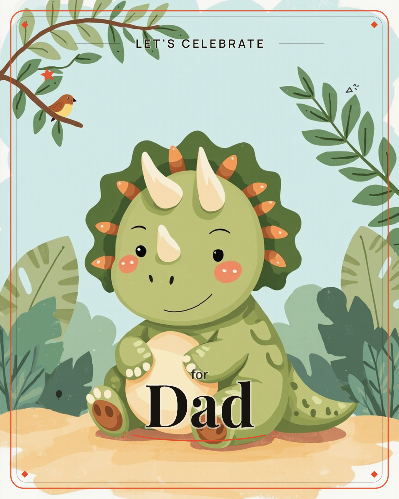 A round, rosy-cheeked baby triceratops sits on a sandy patch, paws folded over its pale belly, surrounded by tropical leaves and a small bird perched…, a party e-card design
