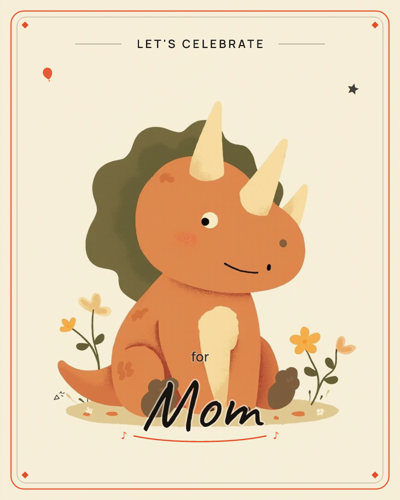 A round, friendly triceratops sits on a small patch of ground against a plain cream background, its olive-green frill fanned out behind it like a leaf, a party e-card design
