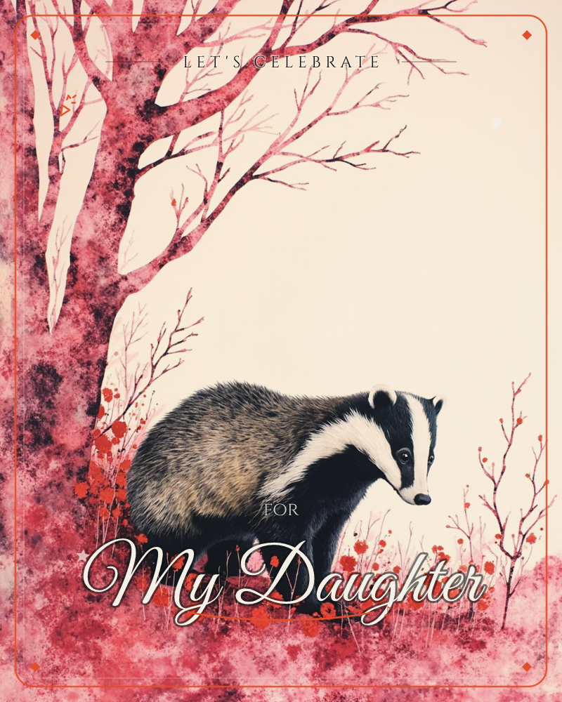 A badger stands beneath a bare, crimson-stained tree, its striped face turned toward the viewer against a soft cream backdrop, a party e-card design