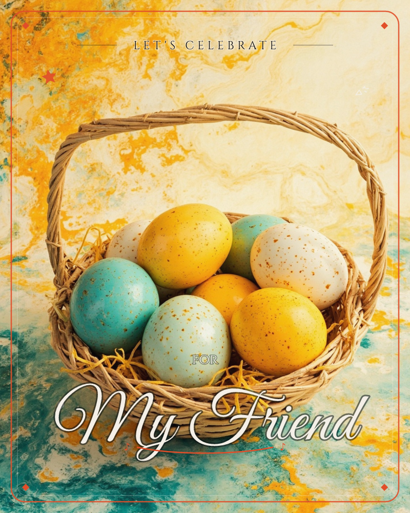 A woven wicker basket holds a cluster of speckled Easter eggs in yellow, teal, and cream, nestled on golden straw, a party e-card design