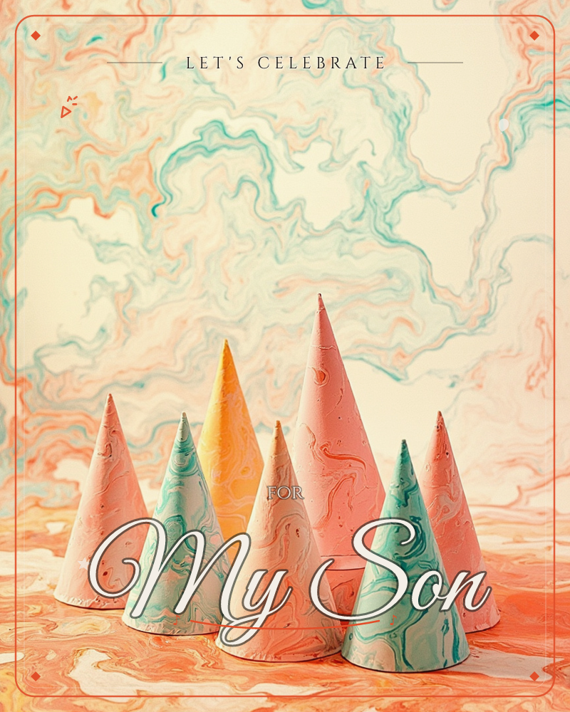 A cluster of tall paper party-hat cones stands on a swirling marbled surface, each one patterned in the same soft peach, teal and cream marbling that…, a party e-card design