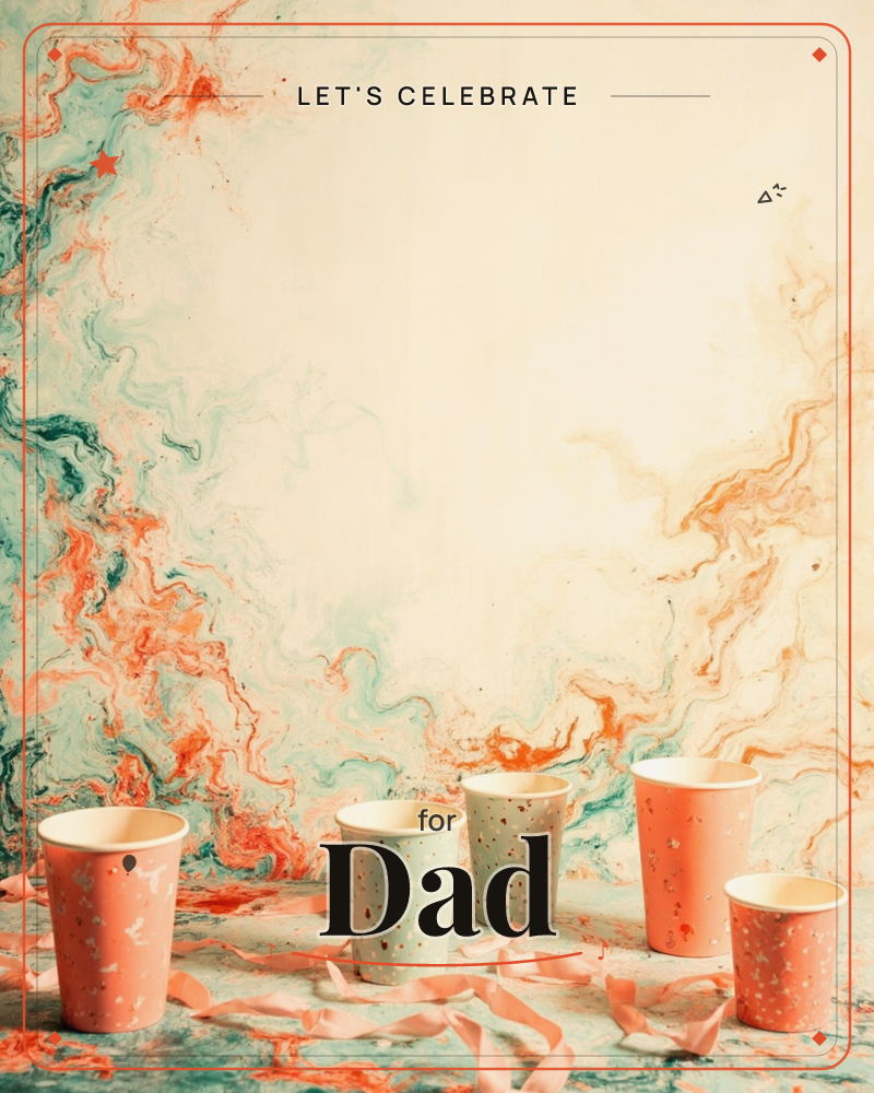 A row of paper party cups in coral, mint and speckled cream stands against a marbled backdrop where teal and orange pigment swirl like smoke into a…, a party e-card design