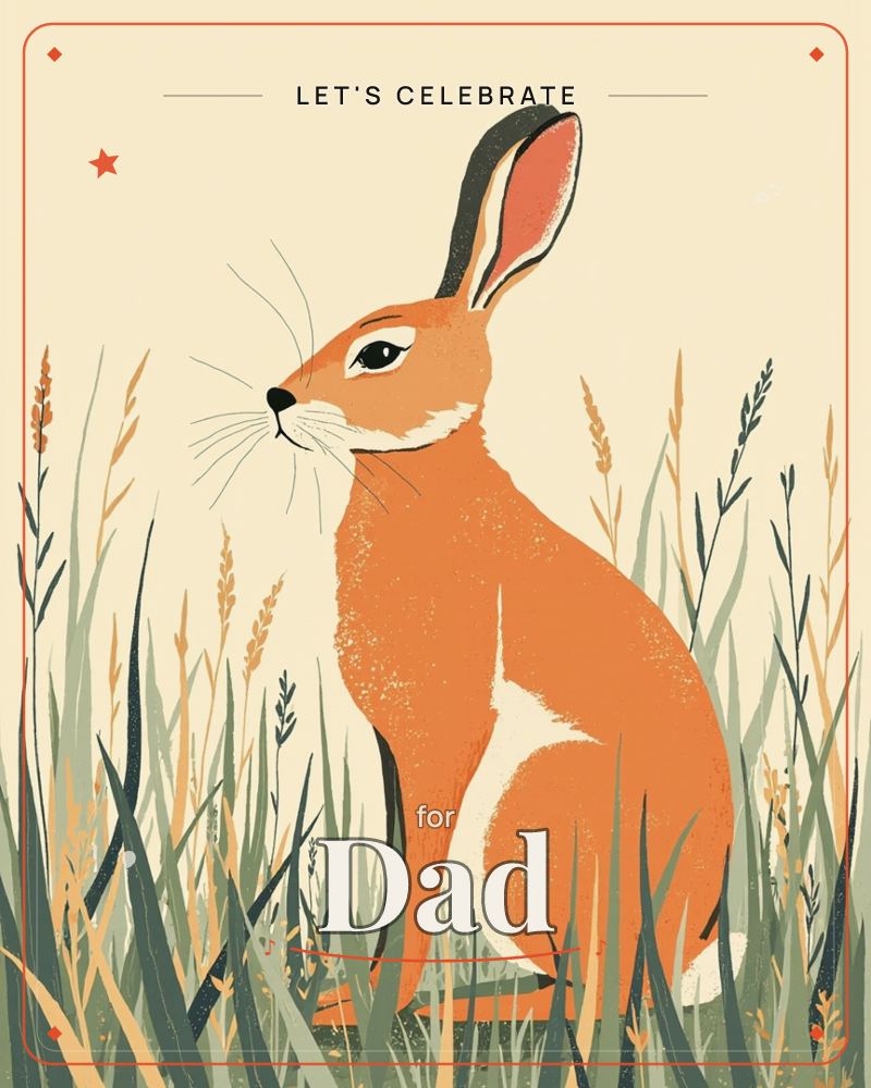 A rust-orange hare sits upright and alert among tall grasses and seed heads, its long ears catching a warm glow against a pale, softly vignetted…, a party e-card design