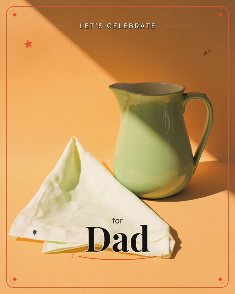 A pale green ceramic pitcher sits beside a folded white cloth napkin on a warm, sunlit tabletop, a party e-card design