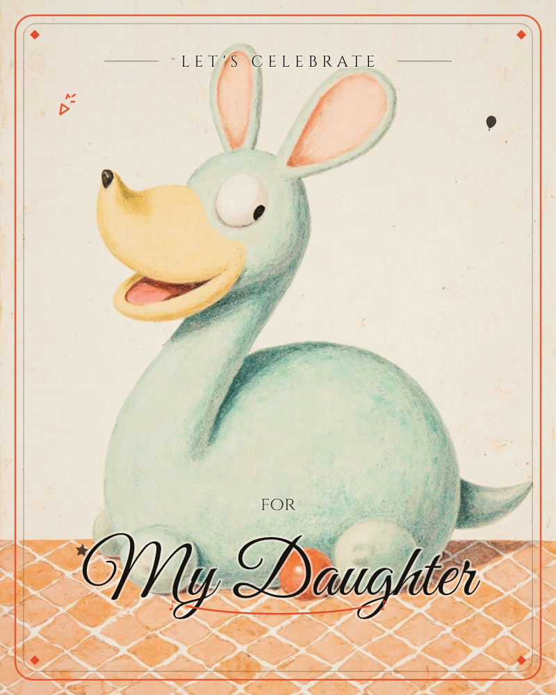 A whimsical toy creature with a long mint-green neck, floppy pink-lined rabbit ears, and a bright yellow duck-like bill sits grinning on a checkered…, a party e-card design