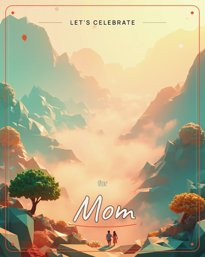 Two small silhouetted figures stand hand in hand at the base of a vast, low-poly mountain valley, facing a glowing haze of golden mist that fills the…, a party e-card design