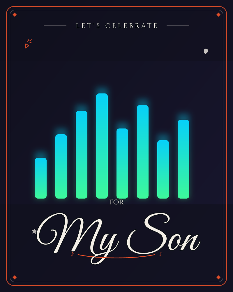 A row of glowing bars rises and falls like a music equalizer, each one lit in cyan at the top and fading to green at the base against a near-black…, a party e-card design by @DittyCityTeam