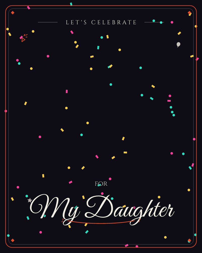 A near-black background is scattered with confetti, small dots and rectangular flecks in gold, pink, teal and yellow drifting loosely across the space, a party e-card design by @DittyCityTeam