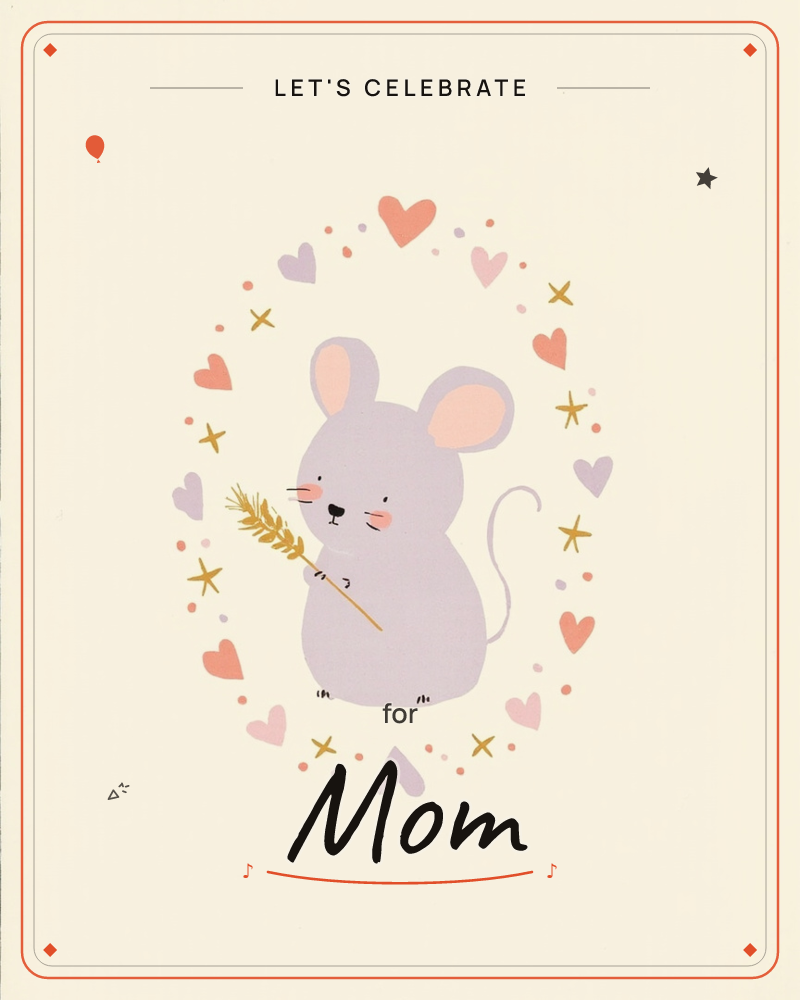 A round-cheeked lavender mouse stands with closed eyes, hugging a golden sprig of wheat to its chest, a party e-card design