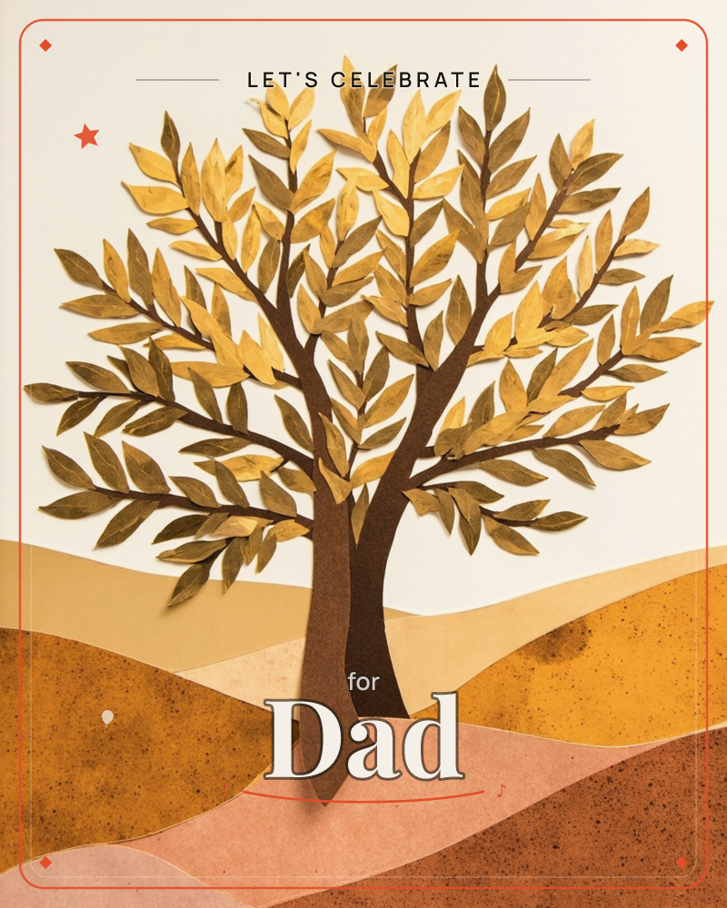 A single tree with a split trunk stands centre stage, its branches layered with dozens of gilded, hand-cut leaves catching a warm spotlight, a party e-card design
