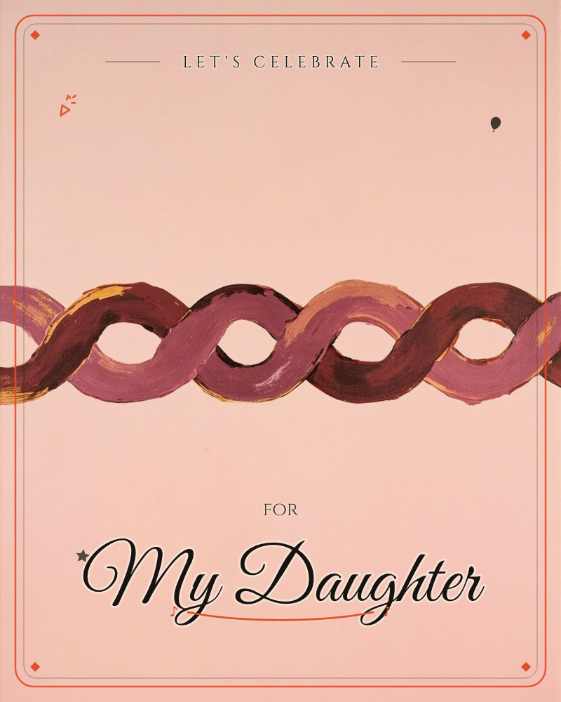 A single painted ribbon twists and loops across the middle of a soft pink background, rendered in interweaving shades of maroon, plum, and mustard, a party e-card design