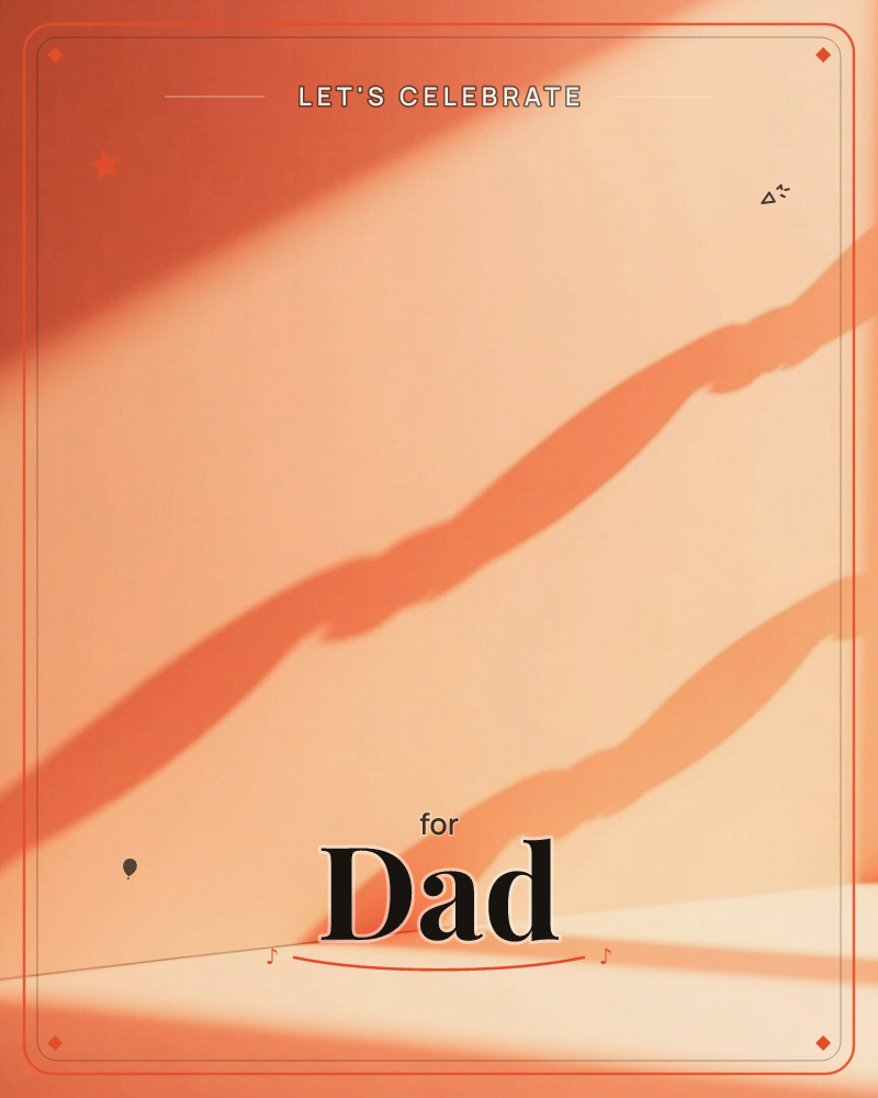 A plain peach-toned wall and ledge catch strong diagonal light, casting soft wavy shadows of an unseen plant across the surface, a party e-card design