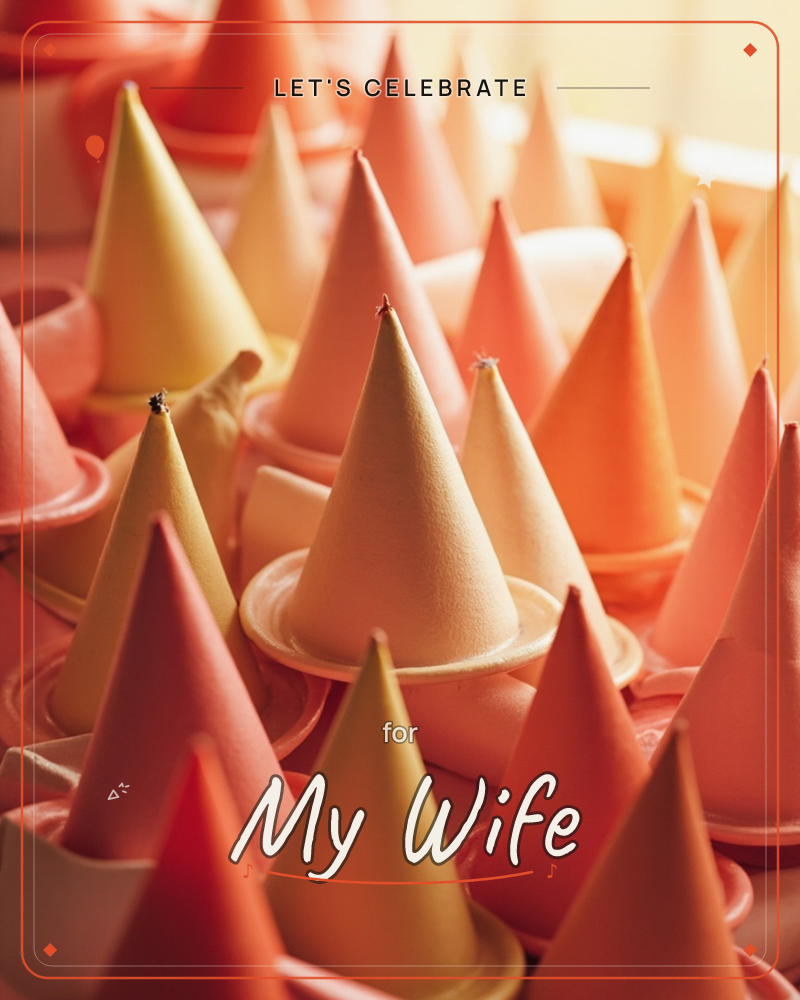 A close-up cluster of cone-shaped party hats, each perched on a small paper base with a tiny wick-like point on top, rendered in a warm gradient of…, a party e-card design