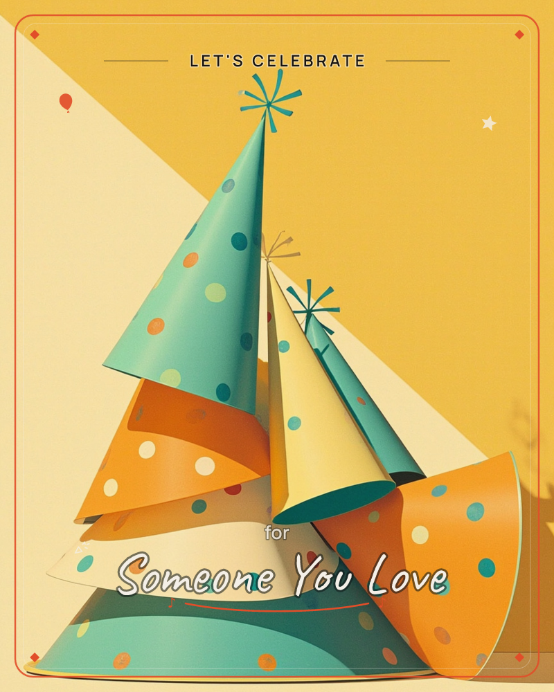 A cluster of polka-dotted party hats in teal, orange, and cream leans together like a cheerful little tower, topped with two star-shaped confetti bursts, a party e-card design