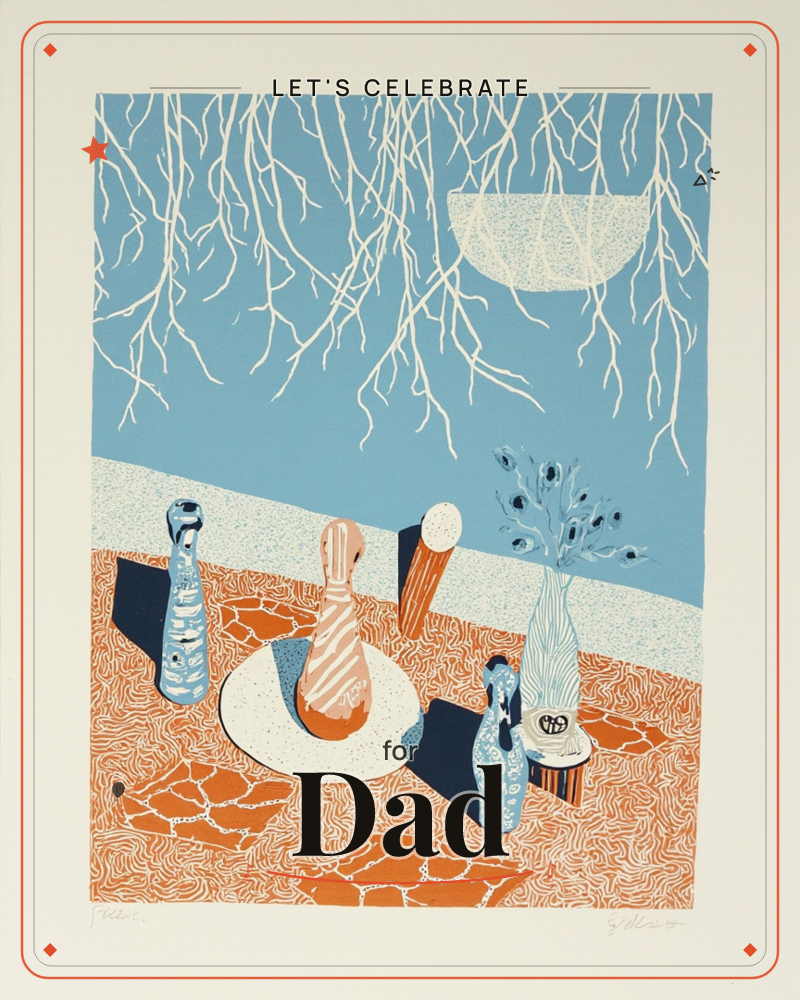 A patterned still life of ceramic vases and bottles clustered on a cracked orange tabletop, beneath bare white branches sketched against a pale blue…, a party e-card design