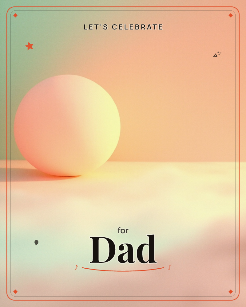 A single matte sphere sits on a soft, cloud-like surface against a gradient backdrop that shifts from mint green to peach and gold, a party e-card design